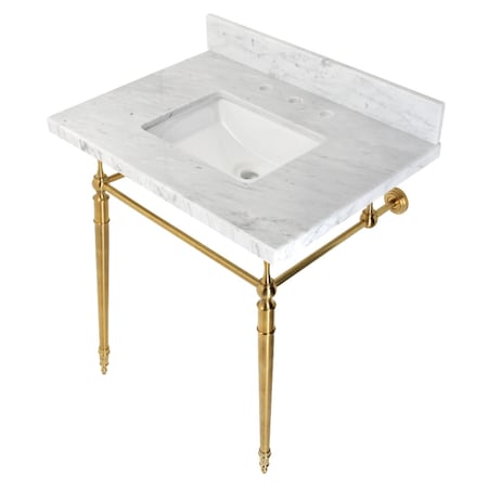 Fauceture KVPB3022M8SQ7 30" Console Sink with Brass Legs (8-Inch, 3 Hole), Marble White/Brushed Brass KVPB3022M8SQ7